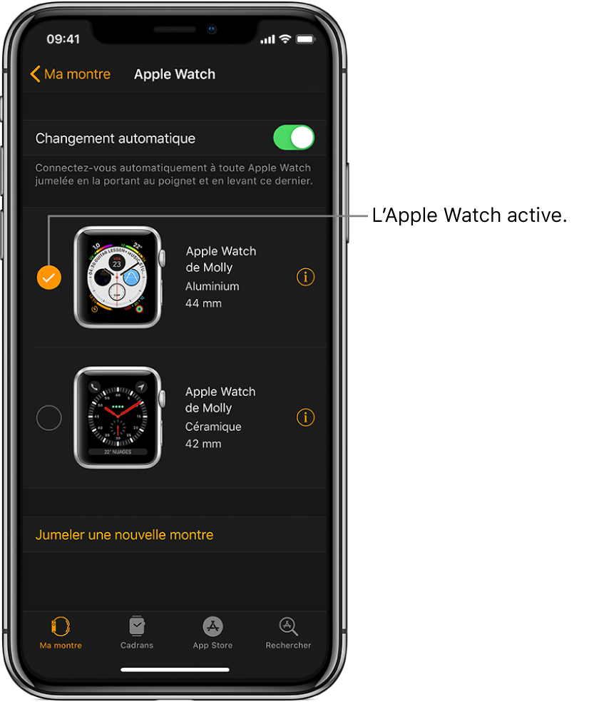 La coche indique l’Apple Watch active.