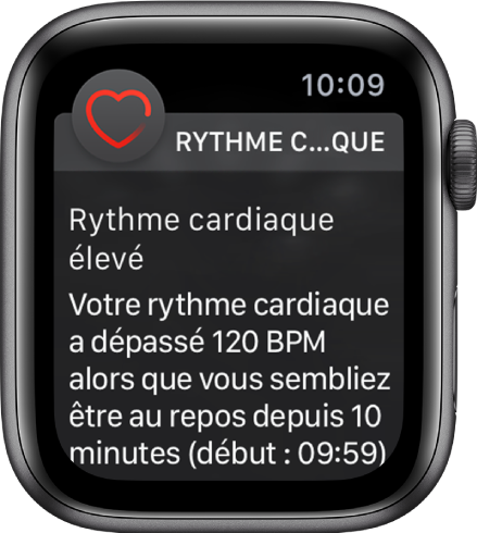 Une alerte Rythme cardiaque, indiquant un rythme cardiaque élevé.