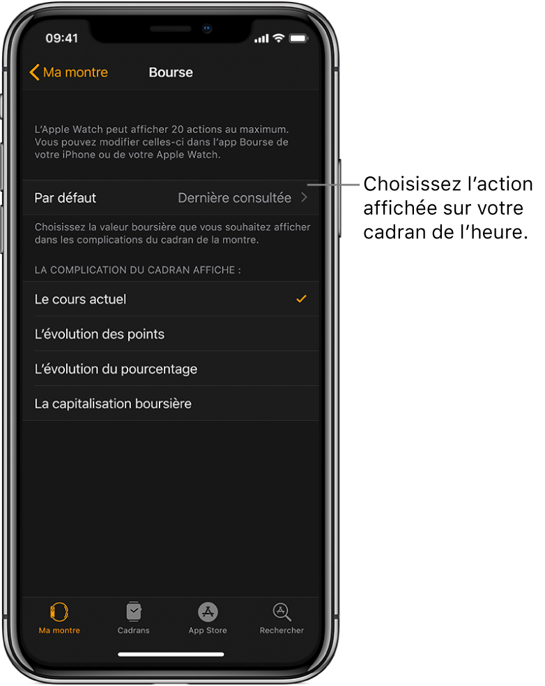 Écran de réglage Bourse de l’app Apple Watch sur un iPhone proposant de choisir l’action par défaut, définie sur la dernière action consultée.