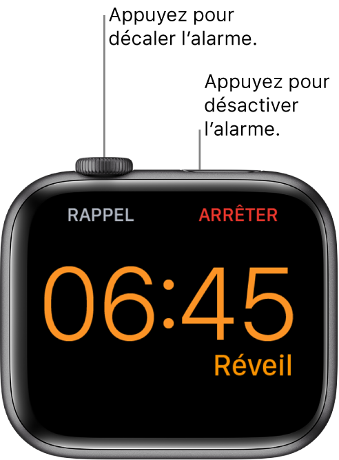 Apple Watch placée sur sa tranche, l’écran affichant un réveil arrêté. Le mot « Rappel » est affiché sous la Digital Crown. Le mot « Arrêter » est situé sous le bouton latéral.