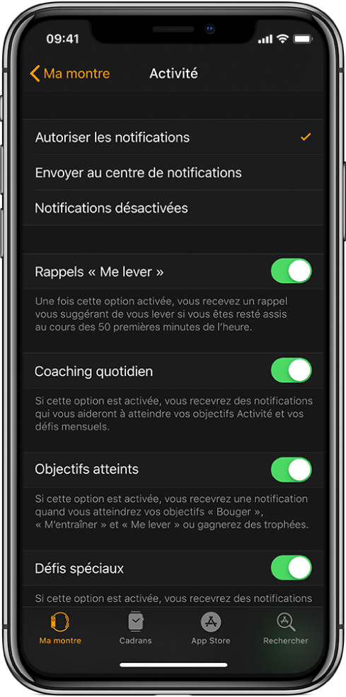 L’écran Activité de l’app Apple Watch, où vous pouvez personnaliser les notifications que vous souhaitez recevoir.