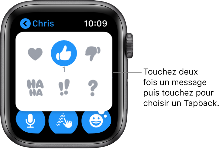 Conversation Messages avec des options Tapback : cœur, pouce vers le haut, vers le bas, Ha Ha, !! et ?.