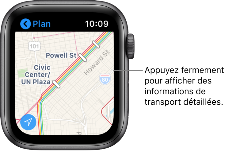 App Plans affichant les détails d’un transport, notamment le tracé du trajet et les noms des arrêts.