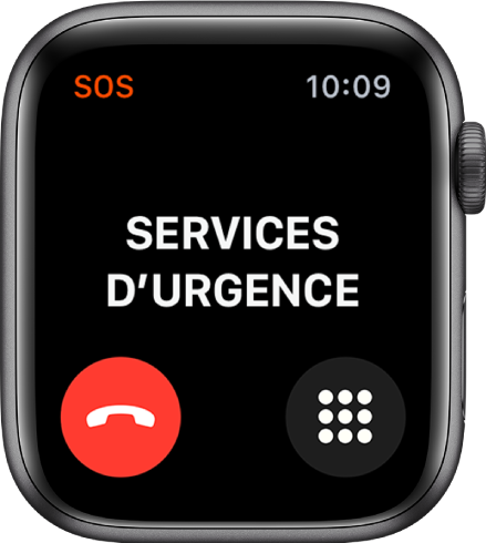 L’écran Services d’urgence affichant Connexion vers le haut. Un bouton pour raccrocher se trouve dans le coin inférieur gauche et un bouton de clavier dans le coin inférieur droit.