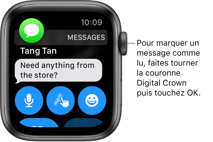 Notification de message, avec l’icône Messages en haut à gauche et le message en dessous.