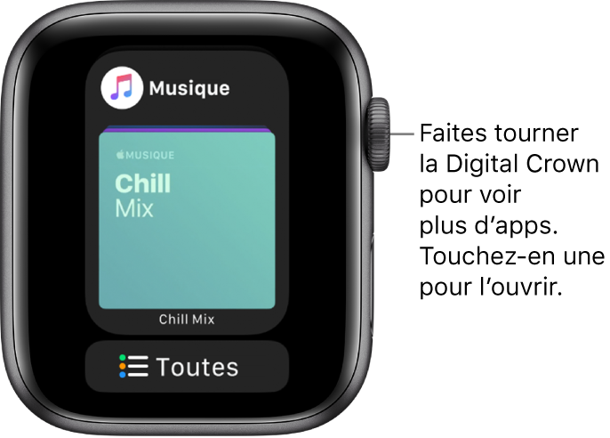 Dock montrant l’app Musique avec un bouton Toutes les apps en dessous. Faites tourner la Digital Crown pour voir plus d’apps. Touchez-en une pour l’ouvrir.