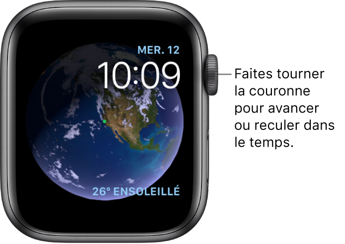 Cadran Astronomie, qui montre le jour, la date et l’heure. Une complication Météo se trouve en bas à droite. Faites tourner la Digital Crown pour avancer ou reculer dans le temps.