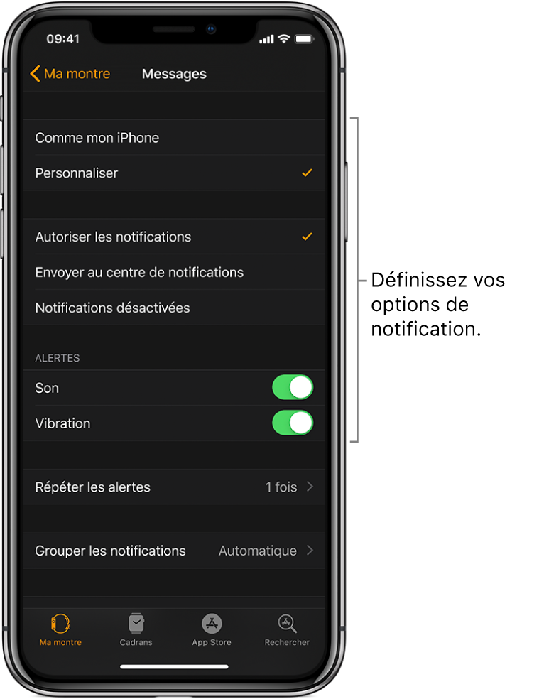 Réglages Messages dans l’app Apple Watch sur l’iPhone. Vous pouvez choisir d’afficher ou non les alertes, activer le son et les vibrations, et répéter les alertes.