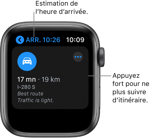 L’app Plans affichant l’heure d’arrivée estimée dans le coin supérieur gauche, l’adresse en dessous, le nombre de minutes restantes jusqu’à l’arrivée à la destination, la distance de l’itinéraire en kilomètres, ainsi que les mots « Circulation fluide ». Une légende pointe vers l’écran et affiche le message suivant : « Appuyez fort pour arrêter les itinéraires ».