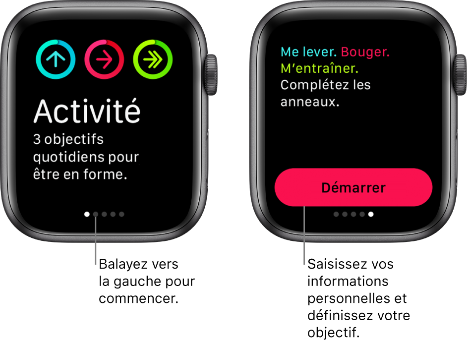 Deux écrans : L’un montre le premier écran de l’app Activité, l’autre montre le bouton Démarrer.