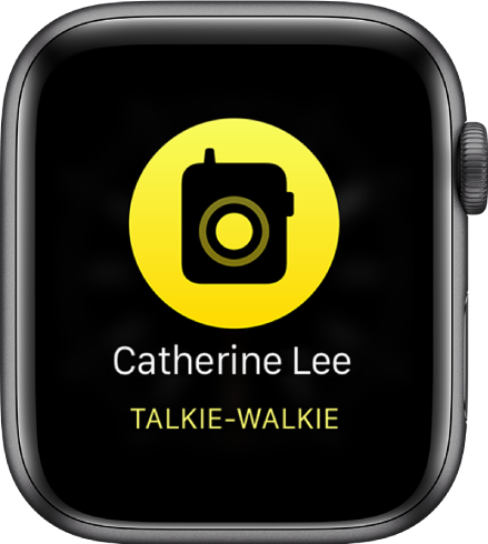 L’écran Talkie-walkie affichant un bouton Parler au centre, l’indicateur de volume en haut à droite et le nom « Molly » en haut à gauche.