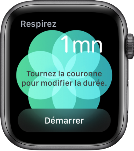 Écran de l’app Respirer montrant une durée d’une minute en haut à droite. Le bouton Démarrer est en bas.