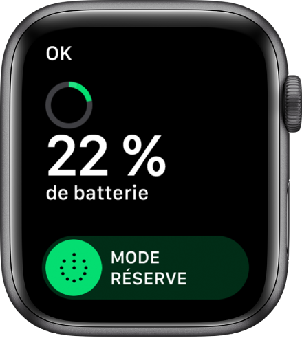 L’écran du mode Réserve affichant le bouton OK dans le coin supérieur gauche, le pourcentage de batterie restant et le curseur du mode Réserve.