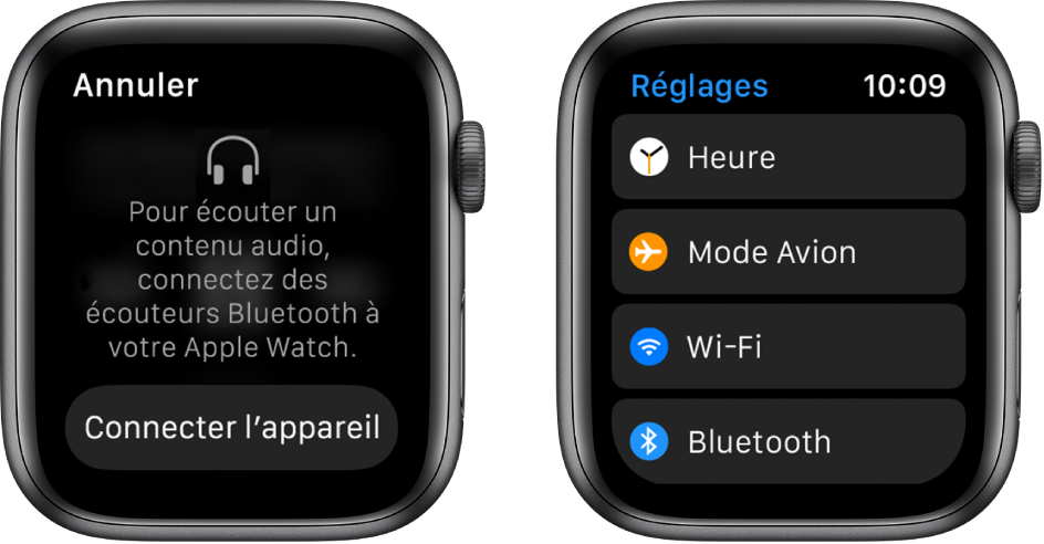 Si vous changez la source audio de votre Apple Watch avant de jumeler les écouteurs ou haut-parleurs Bluetooth, un bouton Connecter s’affiche au centre de l’écran. Il redirige vers les réglages Bluetooth de votre Apple Watch, où vous pouvez ajouter un appareil de sortie audio.
