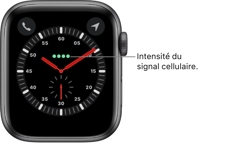 Le cadran Exploration représente une montre analogique. Juste au-dessus du centre du cadran se trouvent quatre points verts indiquant l’intensité du signal cellulaire.