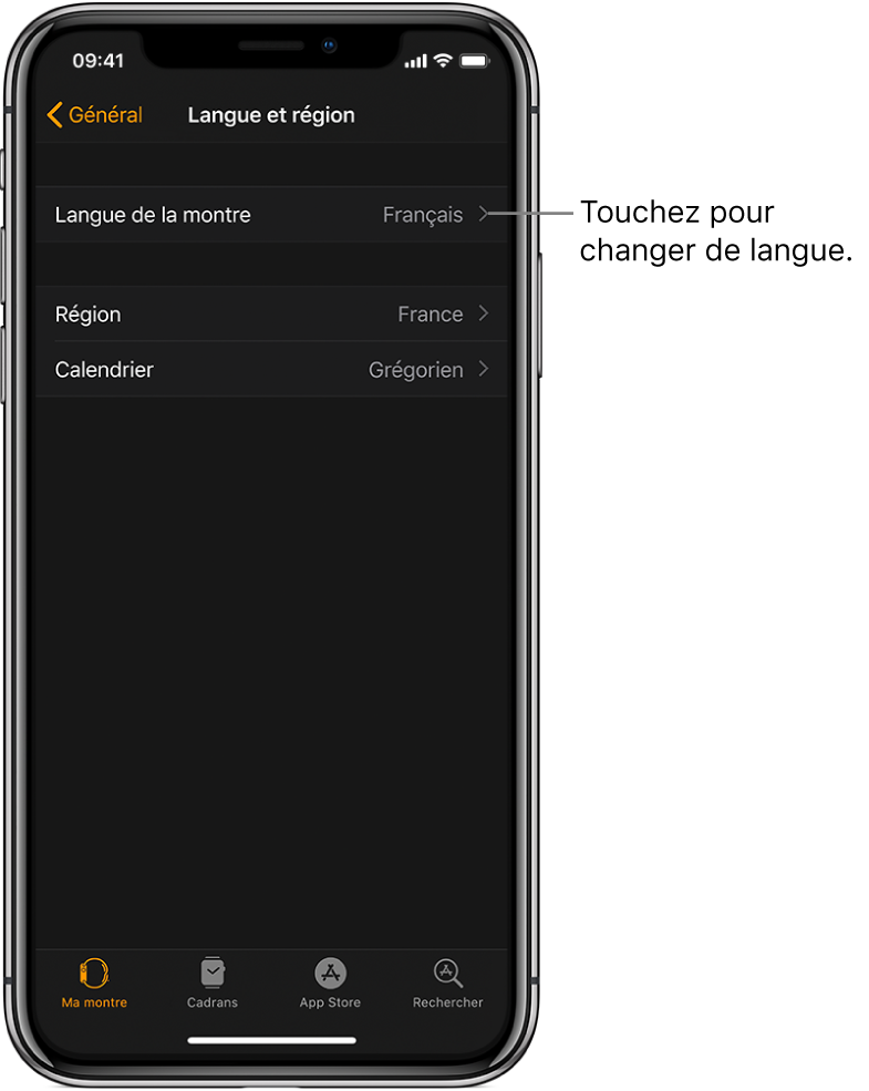 L’écran Langue et région de l’app Apple Watch, affichant le réglage Langue de la montre vers le haut de l’écran.