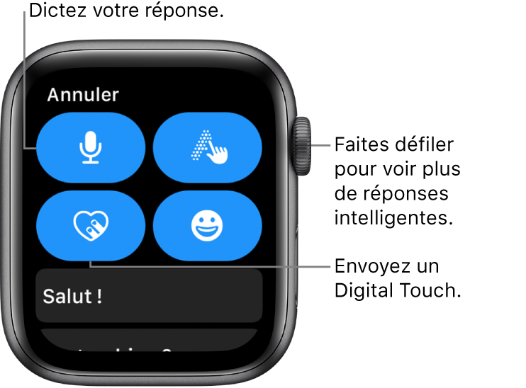 L’écran de réponse avec les boutons Dicter, Griffonner, Digital Touch et Emoji. Les réponses rapides se trouvent ci-dessous. Faites tourner la Digital Crown pour voir plus de réponses rapides.