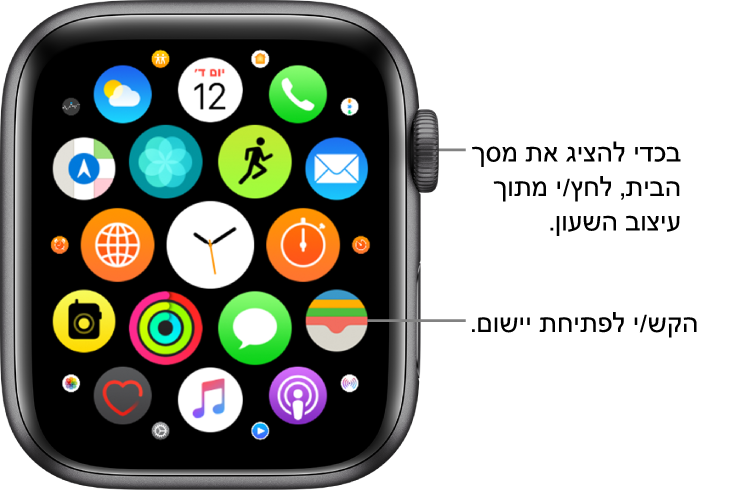 מסך הבית בתצוגת רשת ב‑Apple Watch, עם יישומים המוצגים בקבוצה. הקש/י על יישום כדי לפתוח אותו. גרור/י להצגת יישומים נוספים.