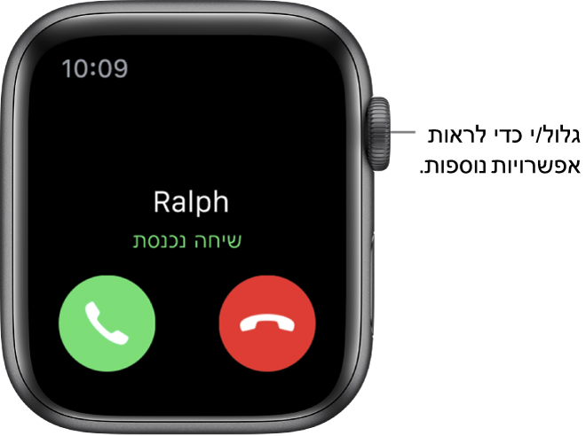 מסך ה-Apple Watch בעת קבלת שיחה: שם המתקשר, המילים ״שיחה נכנסת״, כפתור דחיית השיחה בצבע אדום וכפתור מענה לשיחה בצבע ירוק.