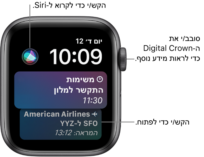 עיצוב השעון Siri, מציג תזכורת וכרטיס עלייה למטוס. כפתור Siri בפינה השמאלית העליונה של המסך. התאריך והשעה מוצגים מימין למעלה.