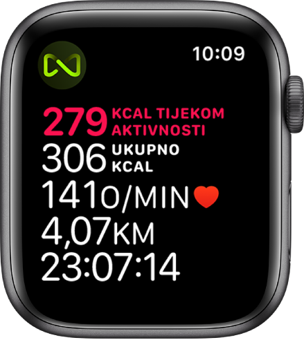 Zaslon treninga s detaljima treninga na traci za trčanje. Simbol u gornjem lijevom kutu označava da je Apple Watch bežično spojen na traku za trčanje.