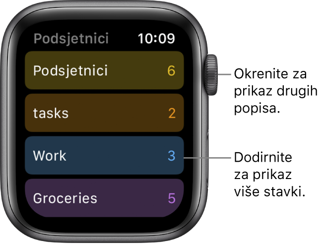 Zaslon s podsjetnicima s prikazom popisa podsjetnika, uključujući Podsjetnici, Zadaci, Posao i Namirnice. Dodirnite popis za prikaz stavki na njemu ili okrenite Digital Crown za prikaz više popisa.
