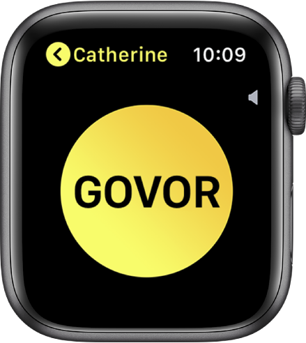 Zaslon aplikacije Walkie-Talkie koji prikazuje veliku tipku Razgovor u sredini, indikator glasnoće u gornjem desnom dijelu i ime “Tejo” u gornjem lijevom.