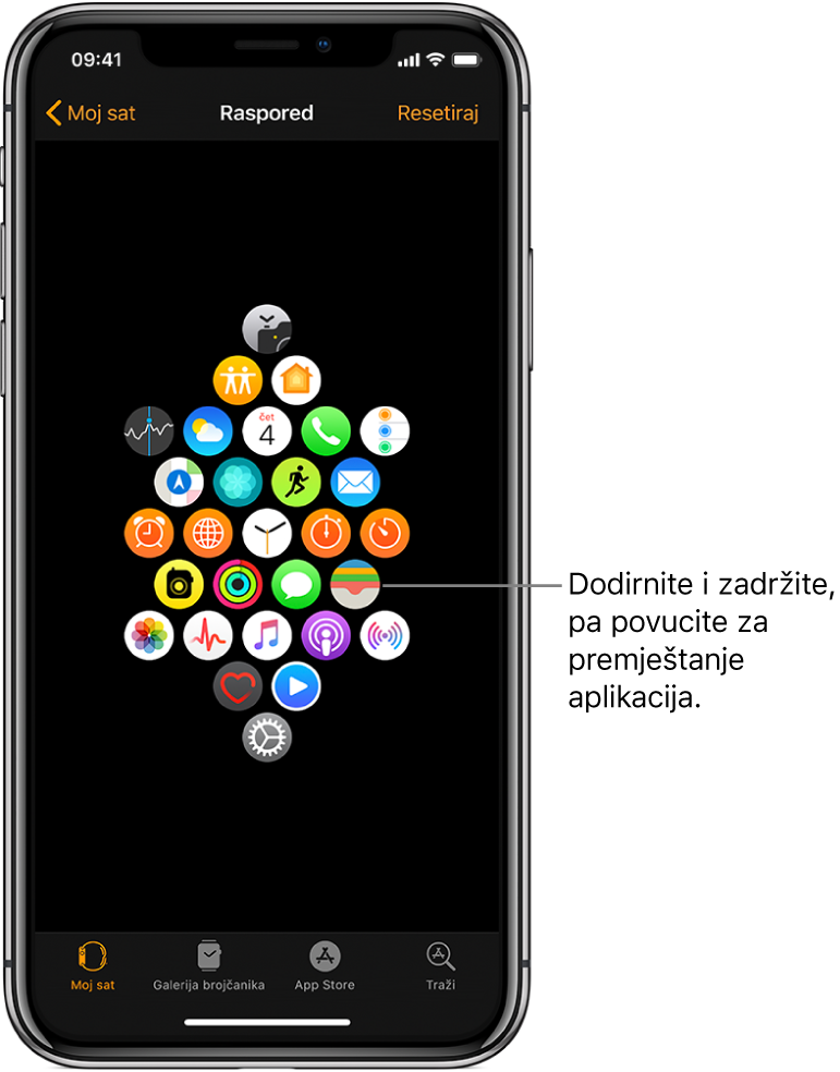 Raspored zaslona u aplikaciji Apple Watch s prikazom rešetke ikona. Oblačić ukazuje na ikonu aplikacije i glasi: "Dodirnite i povucite za pomicanje aplikacija".