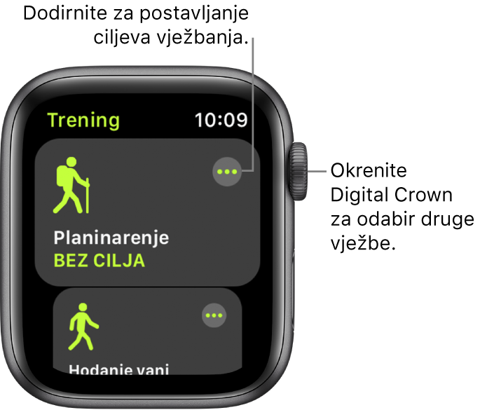 Zaslon Treninga s istaknutim treningom planinarenja. Tipka Više nalazi se u gornjem desnom kutu. Dio hodanja na otvorenome nalazi se ispod.