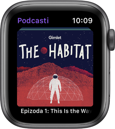 Zaslon aplikacije Podcasti koji prikazuje veliku pločicu s nazivom podcasta. Naziv epizode nalazi se ispod.
