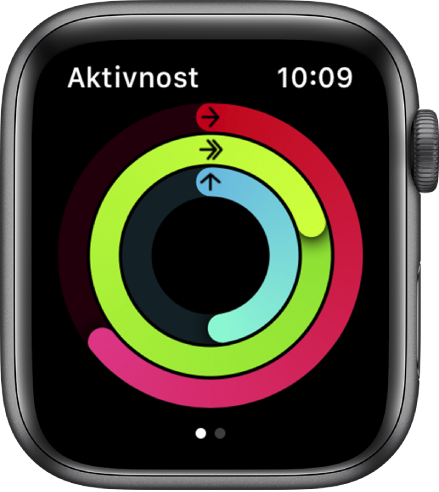 Zaslon Aktivnosti koji prikazuje tri koluta—Kretanje, Vježbanje i Stajanje.