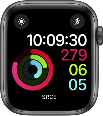 Brojčanik sata Aktivnost, digitalna prikazuje vrijeme kao i napredak prema ciljevima kretanja, vježbanja i stajanja. Dodatak aplikacije Vrijeme nalazi se u gornjem lijevom kutu i dodatak aplikacije Trening u gornjem desnom.