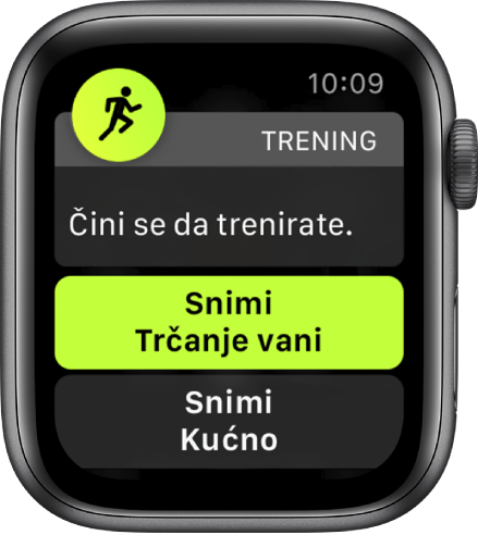 Zaslon detekcije u aplikaciji Trening s riječima “Čini se da trenirate” nakon čega slijedi tipka s natpisom “Snimi trčanje na otvorenom.”