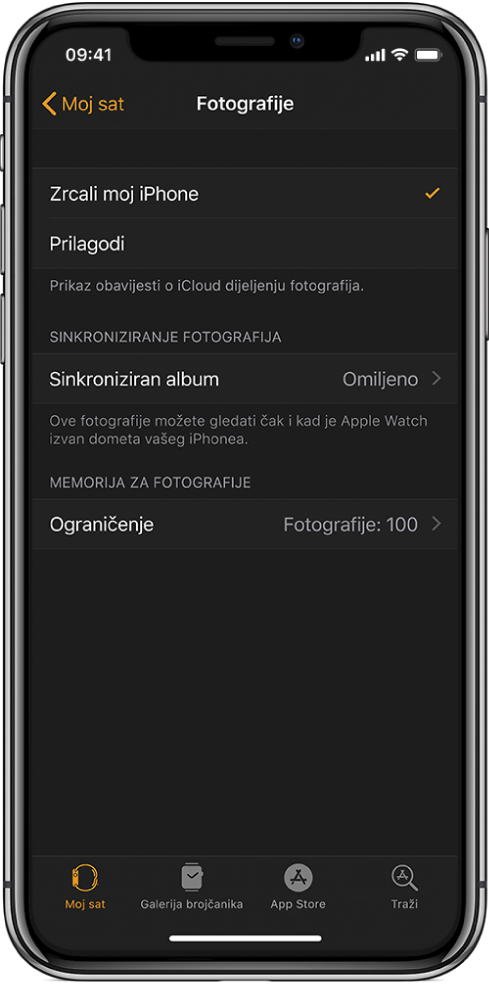 Postavke aplikacije Foto u aplikaciji Apple Watch na Phoneu, s postavkom Sinkroniziran album u sredini zaslona i postavkom Ograničenje fotografija dolje ispod.