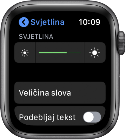 Postavke svjetline na Apple Watchu, s kliznikom Svjetline pri vrhu zaslona, tipkom za podešavanje veličine teksta dolje ispod i kontrole za podebljanje teksta pri dnu zaslona.