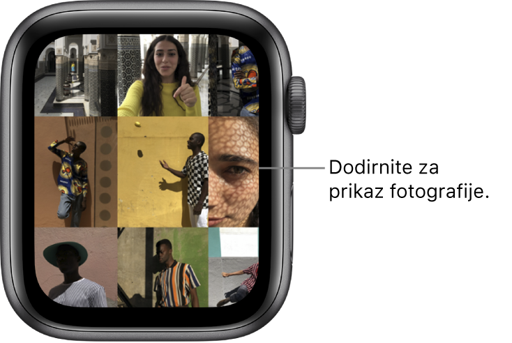 Glavni zaslon aplikacije Foto na Apple Watchu, s nekoliko fotografija prikazanih u rešetki.