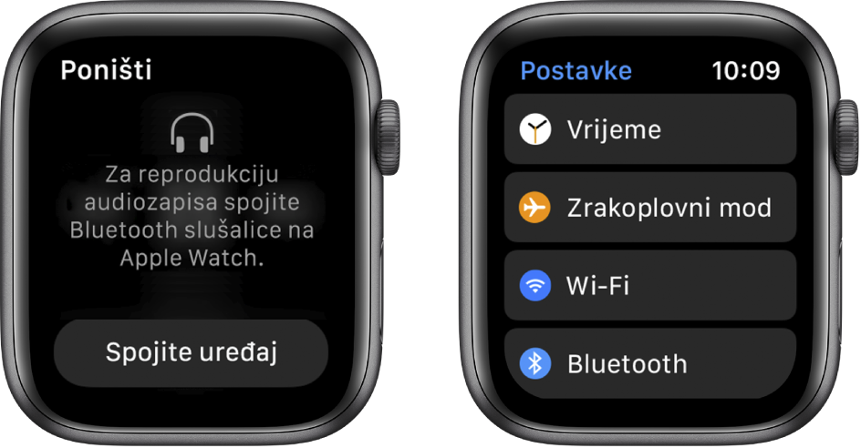 Ako prebacite izvor glazbe na svoj Apple Watch prije nego što uparite Bluetooth zvučnike ili slušalice pojavit će se tipka Spoji uređaj pokraj dna zaslona koja vas vodi do Bluetooth postavki na Apple Watchu; tamo možete dodati uređaj na kojem slušate glazbu.