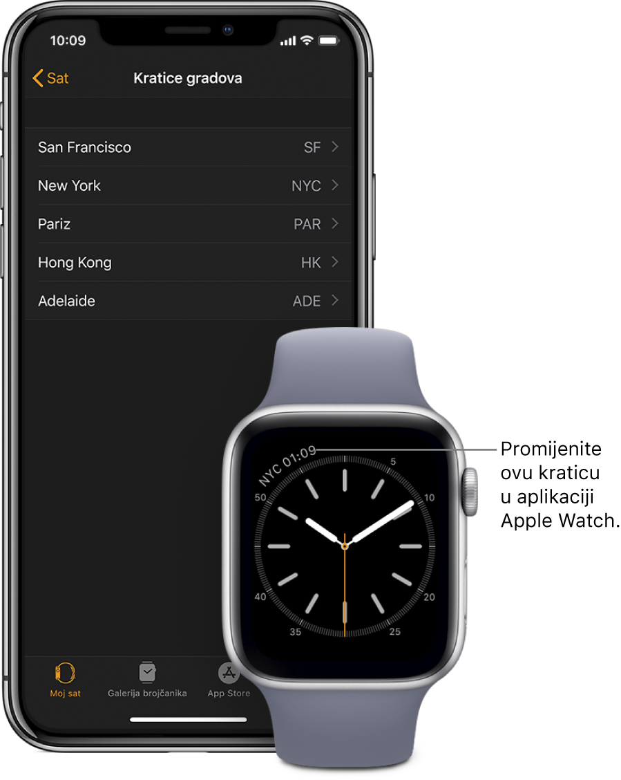 Brojčanik sata s kursorom na vremenu u New York Cityju, koristi kraticu NYC. Sljedeći zaslon prikazuje popis gradova u postavkama za kratice gradova te postavke sata u aplikaciji Apple Watch na iPhoneu.