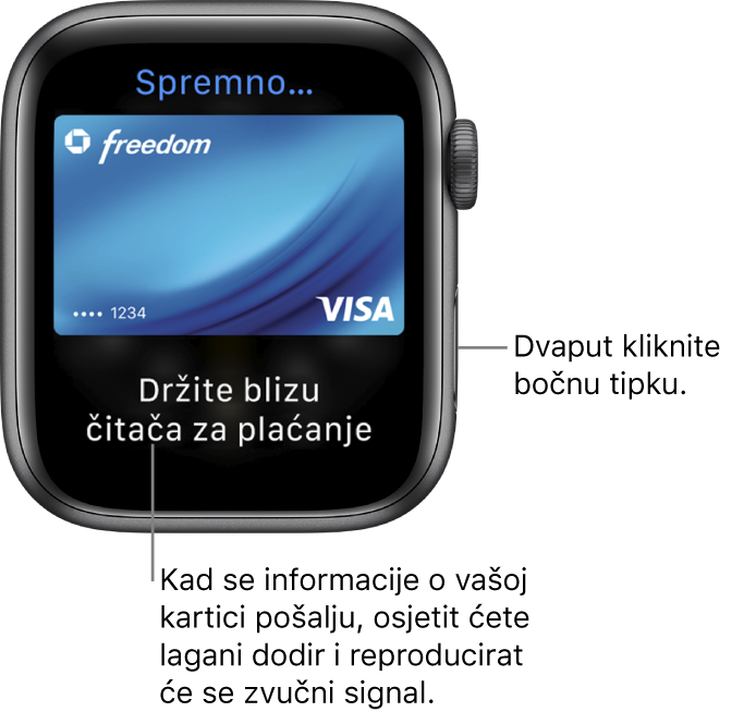 Zaslon Apple Pay s prikazom opcije “Spremno” pri vrhu zaslona i “Držite blizu čitača za plaćanje” pri dnu zaslona; osjetit ćete blagi dodir i čut ćete zvuk kad su podaci o vašoj kartici poslani.
