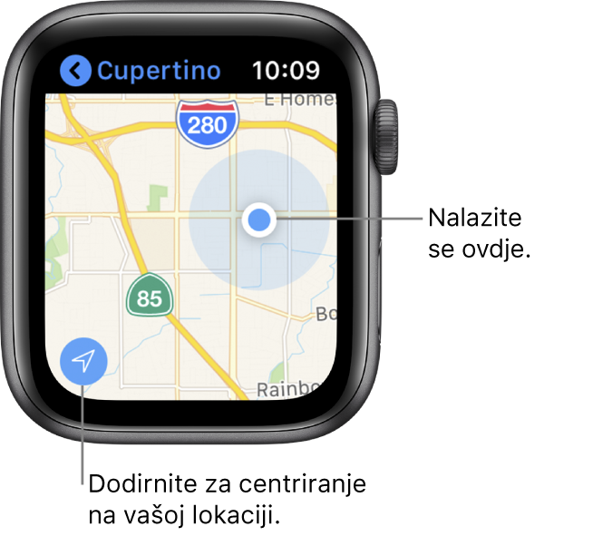Aplikacija Karte s prikazom karte; dodirnite strelicu u donjem lijevom kutu za centriranje vaše trenutačne lokacije; vaša se lokacija prikazuje kao plava točka na karti.