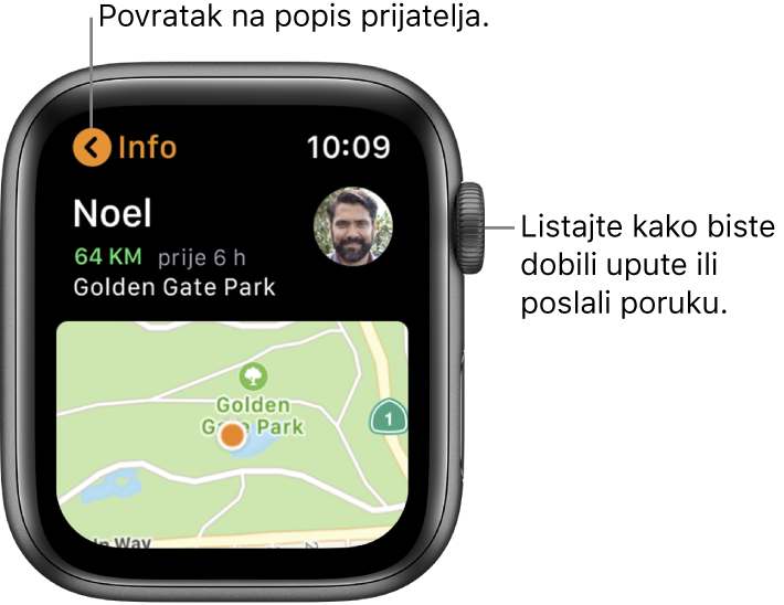Zaslon s prikazom detalja o lokaciji prijatelja, uključujući njihovu udaljenost i njihovu lokaciju na karti.