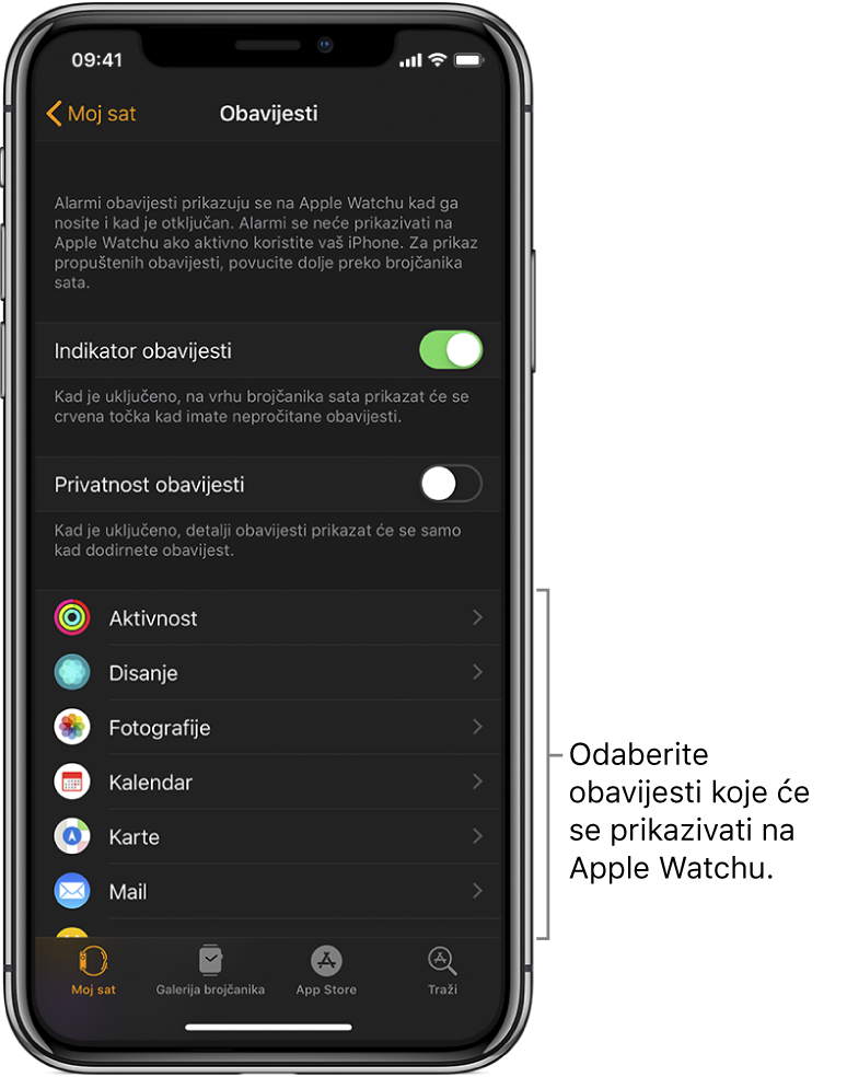 Zaslon Obavijesti u aplikaciji Apple Watch na iPhoneu, s prikazanim izvorima obavijesti.