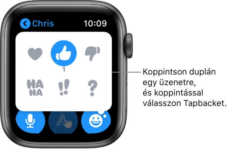 Beszélgetés az Üzenetekben Tapback-lehetőségekkel: szív, felfelé mutató hüvelykujj, lefelé mutató hüvelykujj, ha-ha, !! és ?.