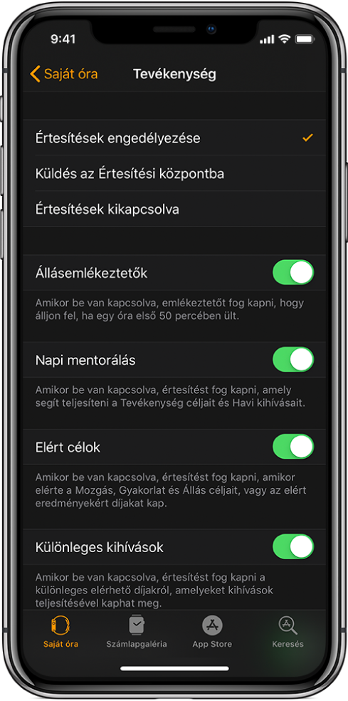 Az Apple Watch alkalmazás Tevékenység képernyője, ahol testreszabhatja az értesítéseket, amelyeket kapni szeretne.
