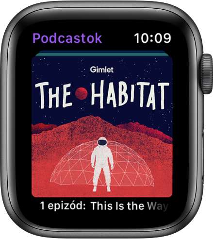 A Podastok képernyő; a podcast nevét nagy ikon jelzi. Alatta az epizód neve jelenik meg.
