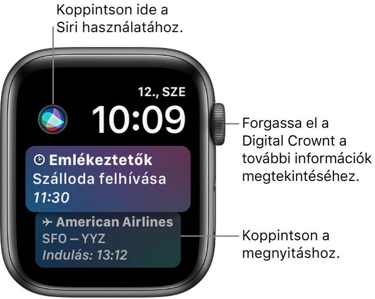 A Siri óraszámlap emlékeztetővel és beszállókártyával. A képernyő bal felső részén egy Siri gomb található. A képernyő jobb felső részén jelenik meg a dátum és az idő.