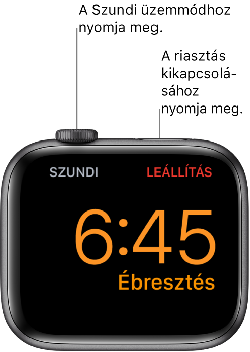 Oldalára fektetett Apple Watch, amelyen az éppen megszólaló ébresztés látható. A Digital Crown alatt a „Szundi” szó látható. Az oldalsó gomb alatt látható a „Leállítás” szó.