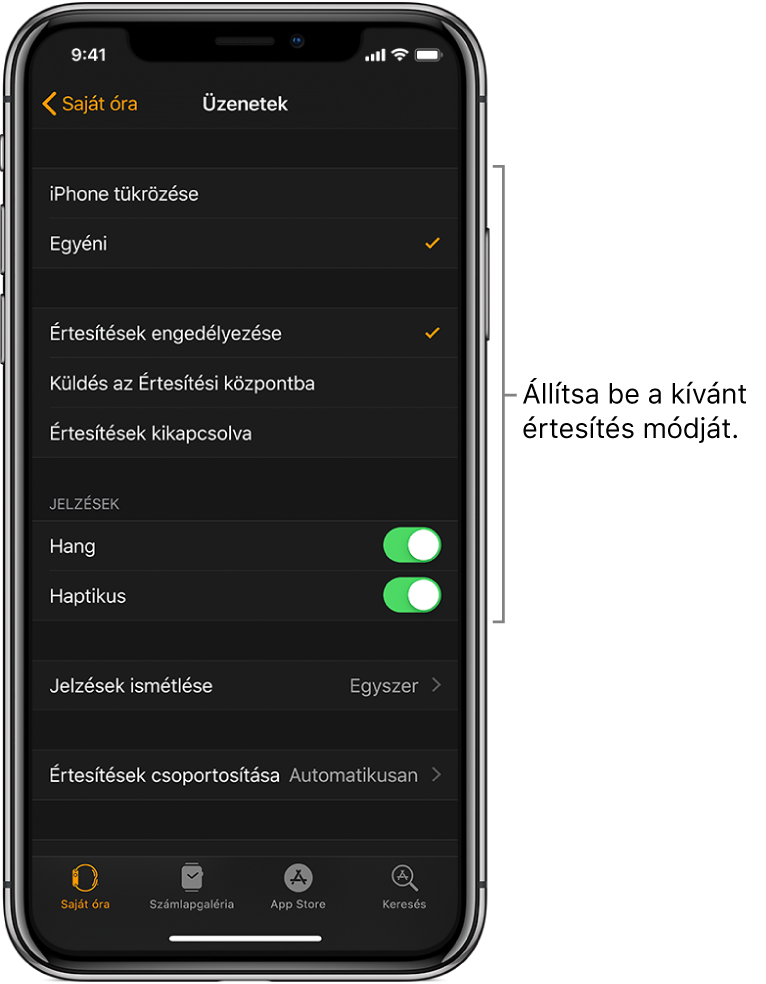 Az Üzenetek beállításai az iPhone Apple Watch alkalmazásában. Kiválaszthatja, hogy megjelenjenek-e az értesítések, bekapcsolhatja a hangot, bekapcsolhatja a haptikus jelzéseket, és megismételheti a jelzéseket.