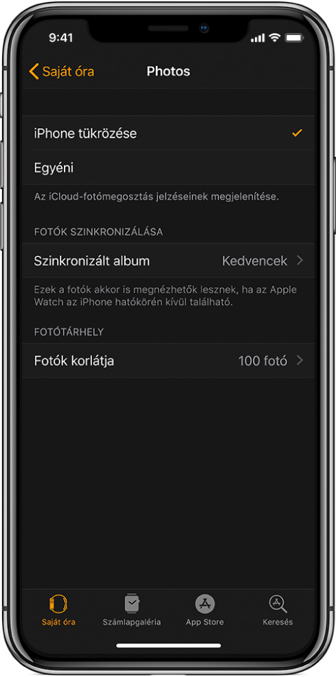 Az iPhone Apple Watch alkalmazásának fotóbeállításai; középen látható a Szinkronizált album, alatta pedig a Fotók korlátja lehetőség.