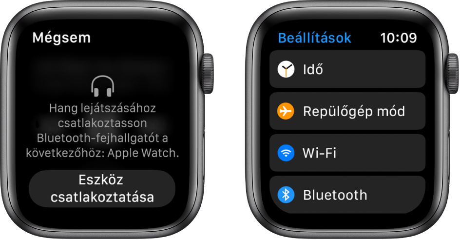 Ha a Bluetooth-hangszórók vagy -fejhallgatók csatlakoztatása előtt átállítja a zeneforrást az Apple Watchra, megjelenik a képernyő alsó részén az Eszköz csatlakoztatása gomb, amellyel megnyithatja a Bluetooth-beállításokat az Apple Watchon, és megadhat egy eszközt a zenehallgatáshoz.